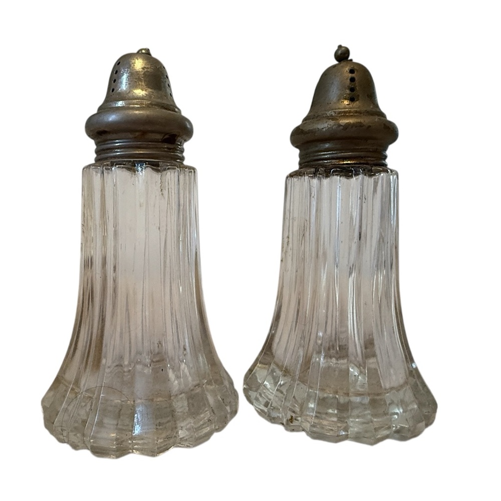 Antique Crystal Large Fluted Glass With Silverplate Salt and Pepper Shakers